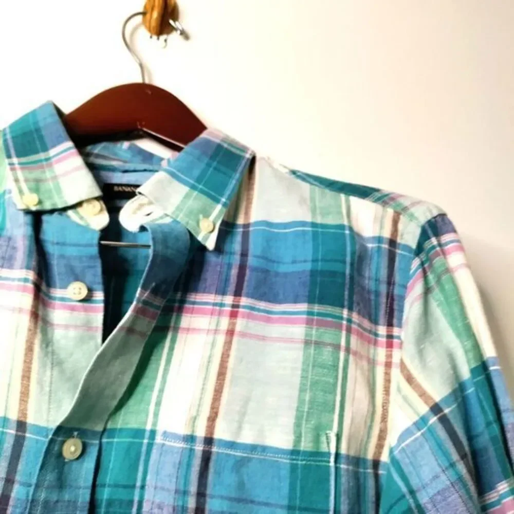 Banana Republic Men M Linen Plaid Long Sleeve Button Down Casual‎ Preppy Shirt